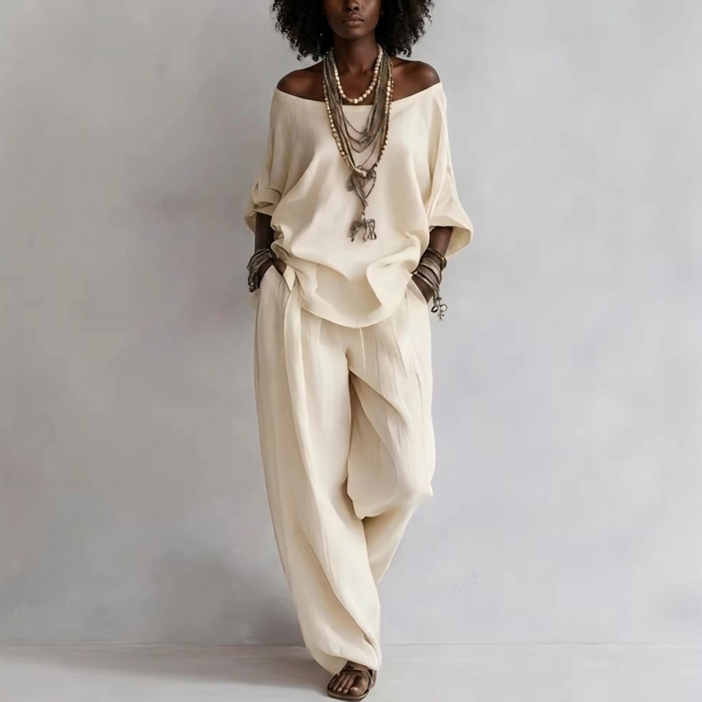 Ensemble 2 pièces en lin — Top épaules dénudées & Pantalon large (Ensemble bohème chic, coupe fluide et décontractée)